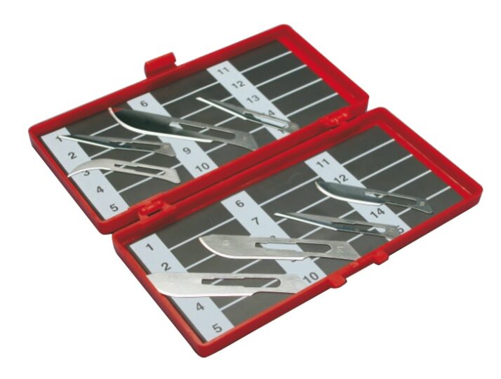 May Set di 50 lame sterili per bisturi in acciaio al carbonio, confezionate singolarmente, con supporto per bisturi in acciaio inox n. 4, lame monouso di precisione per artigianato, modellismo e cura