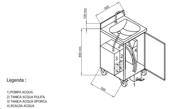 Dettaglio tecnico lavamani autoalimentato completo di scalda acqua cod. ART803SR