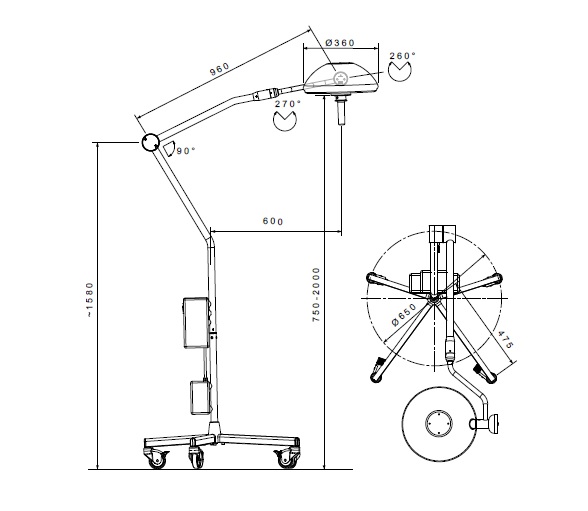 Lampada scialitica  Serie 5 a stativo su ruote, dettaglio tecnico