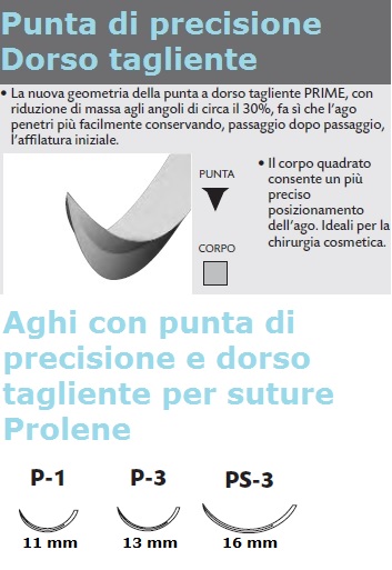 Dettaglio suture Ethicon Prolene con ago a punta di precisione e dorso tagliente