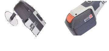 Sega per gesso tradizionale o sintetico oscillante a batteria ricaricabile dettaglio testa angolata e alloggiamento batteria ricaricabile