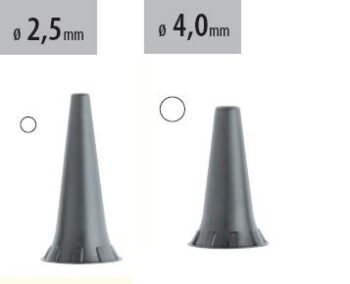 Dettaglio speculum monouso diametro 2,5 e 4,0 mm per otoscopio