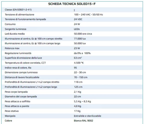 Caratteristiche tecniche lampada  a LED SoLed 15F con pacco batteria