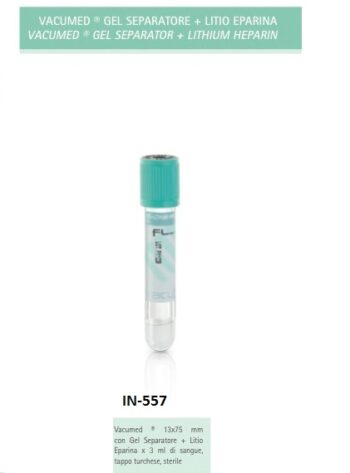 Provette Vacumed® sottovuoto 13×75 mm con Gel Separatore + Litio Eparina x 3 ml di sangue, tappo turchese, sterile  