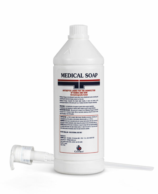 Medical soap è un sapone antisettico liquido che, grazie all’associazione del Benzalconio Cloruro con l’Ortofenilfenolo, consente di eliminare la carica batterica presente sulla cute durante il lavaggio delle mani.  Medical Soap, grazie a un pH 5.5, alla