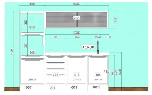 Set 4 moduli e pensile, base cieca ref ART-318L dettaglio tecnico